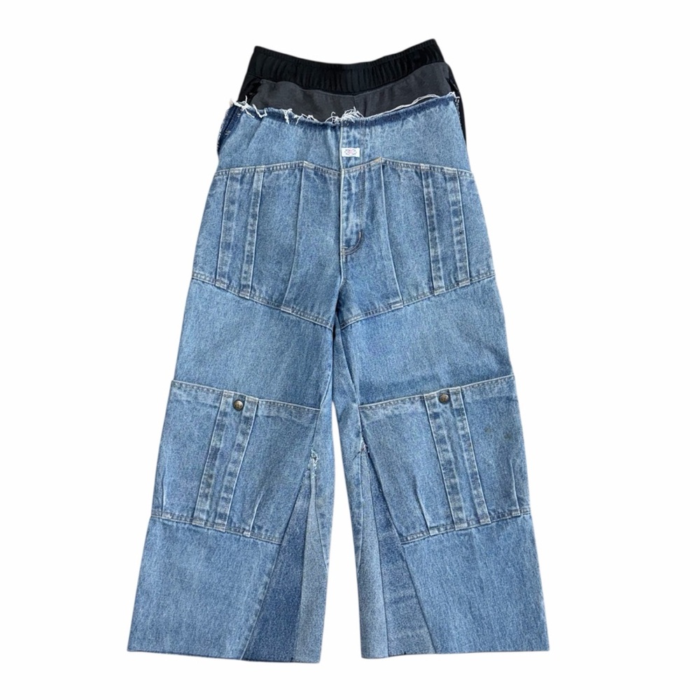 Reworked into Wide Leg Patchwork Denim Jeans in Light Blue